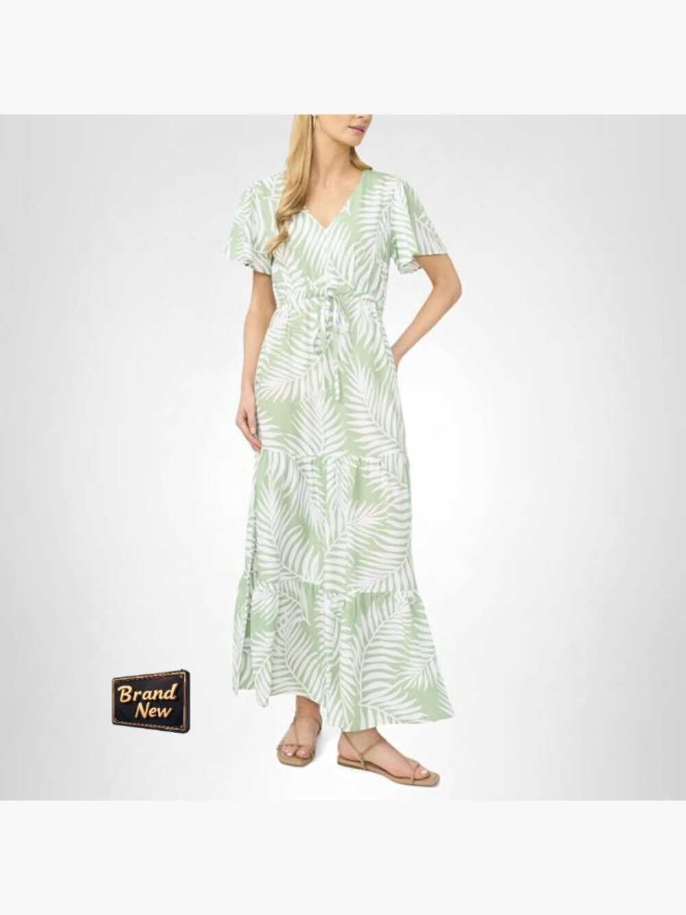 Women's Leaf Print Tie Waist Maxi Dress Cap Sleeve V-Neck A-Line